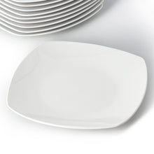 Square porcelain dinner plate in glossy white, angled view