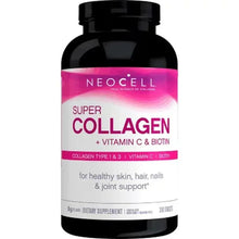 Neocell collagen supplement bottle with pink label, vitamin C and biotin