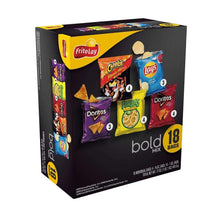 Snack chip variety multipack box, front panel with Cheetos, Lay's, Doritos and Funyuns