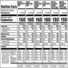 Nutrition Facts panel for assorted snack chips with serving and calorie details