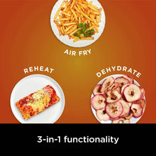 Meal options with fries, reheated food slice, and dehydrated apple slices