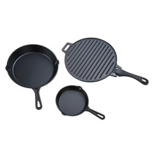 Cast iron skillet set: two skillets and a ridged griddle, dark pre-seasoned finish