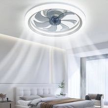 White low-profile ceiling fan with LED light ring and circular trim