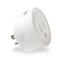 Smart Wi-Fi outlet plug angled view, white round housing with power button