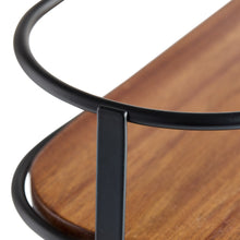 Two-tier organizer corner with dark wood shelves and black metal frame supports