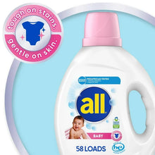 Baby liquid laundry detergent bottle, white with pink cap, 58 loads on label
