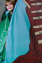 Tree house pop-up bed tent side panel, blue fabric with brown character illustration
