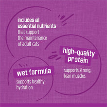 Wet cat food benefits panel with wet formula, high-quality protein, and essential nutrients