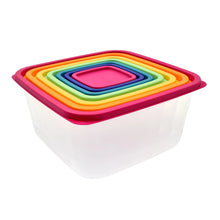 Rainbow plastic food storage container with lid, white base and pink-blue-green rims