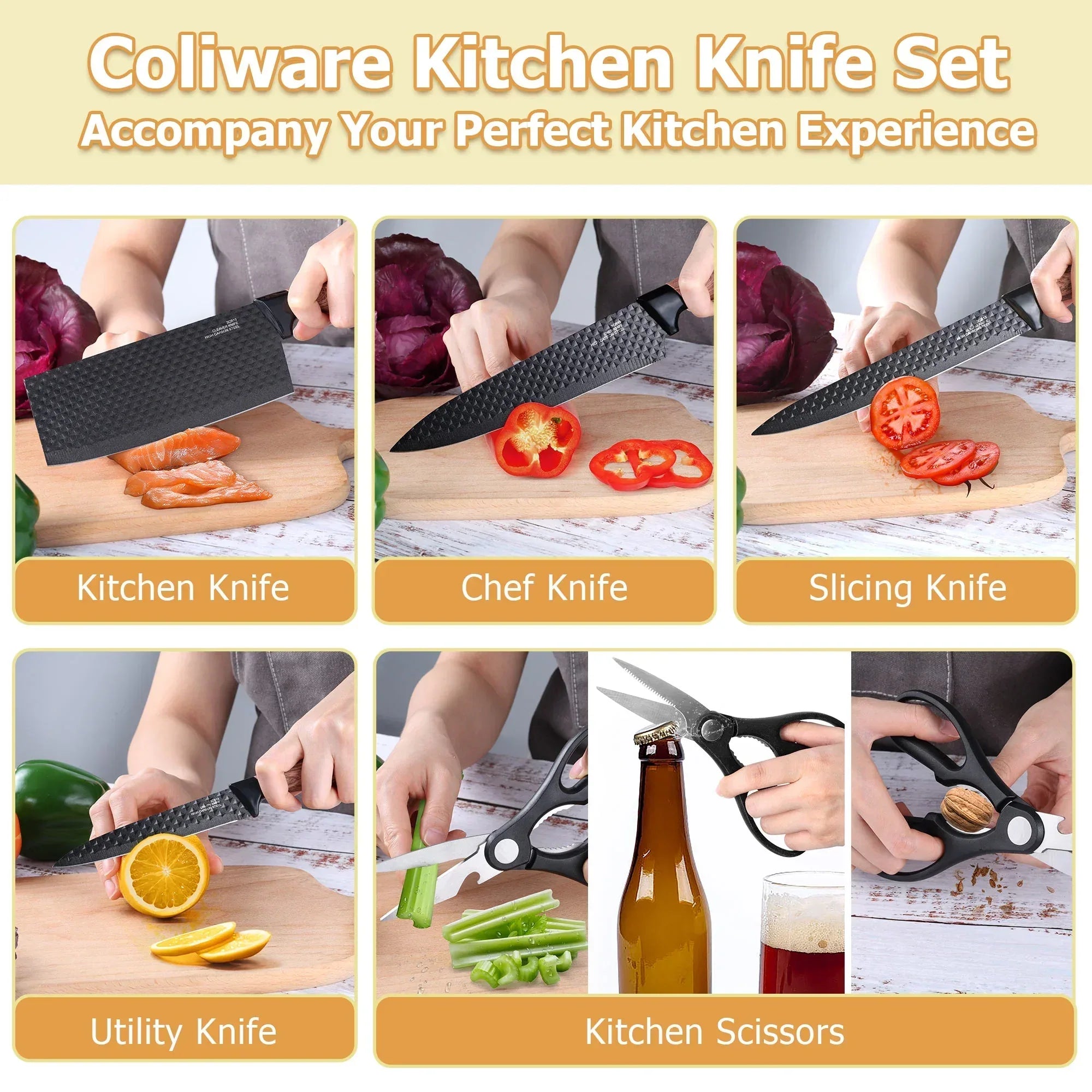 Joyfair Kitchen Knife Set, 7 Pcs Stainless Steel White Knives Block Set for Chef, Super Sharp Professional Knife Set with Universal Knife Block for Home Restaurant, Non-Stick & Anti-Rust - USA MEGA SHOP