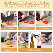Kitchen knife set with black handles showing chef, slicing, and utility knives plus kitchen scissors