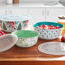 Melamine bowl set with lids, floral bowls filled with berries