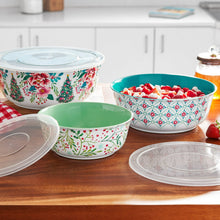 6-piece melamine bowl set with floral prints, turquoise accents, and lids