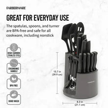 Rotating carousel knife and tool set with black utensils in gray stand