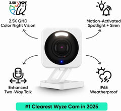 Wyze Cam V4 2.5K QHD Smart Home WiFi Security Camera Indoor/Outdoor, Motion Detection, Color Night Vision and Spotlight