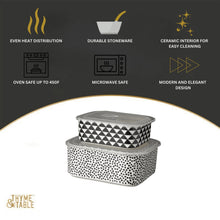 Rectangle ceramic baking dish set with black-and-white dot and triangle patterns