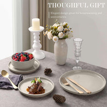 Stoneware dinnerware set with plates and a bowl in off-white with speckled finish