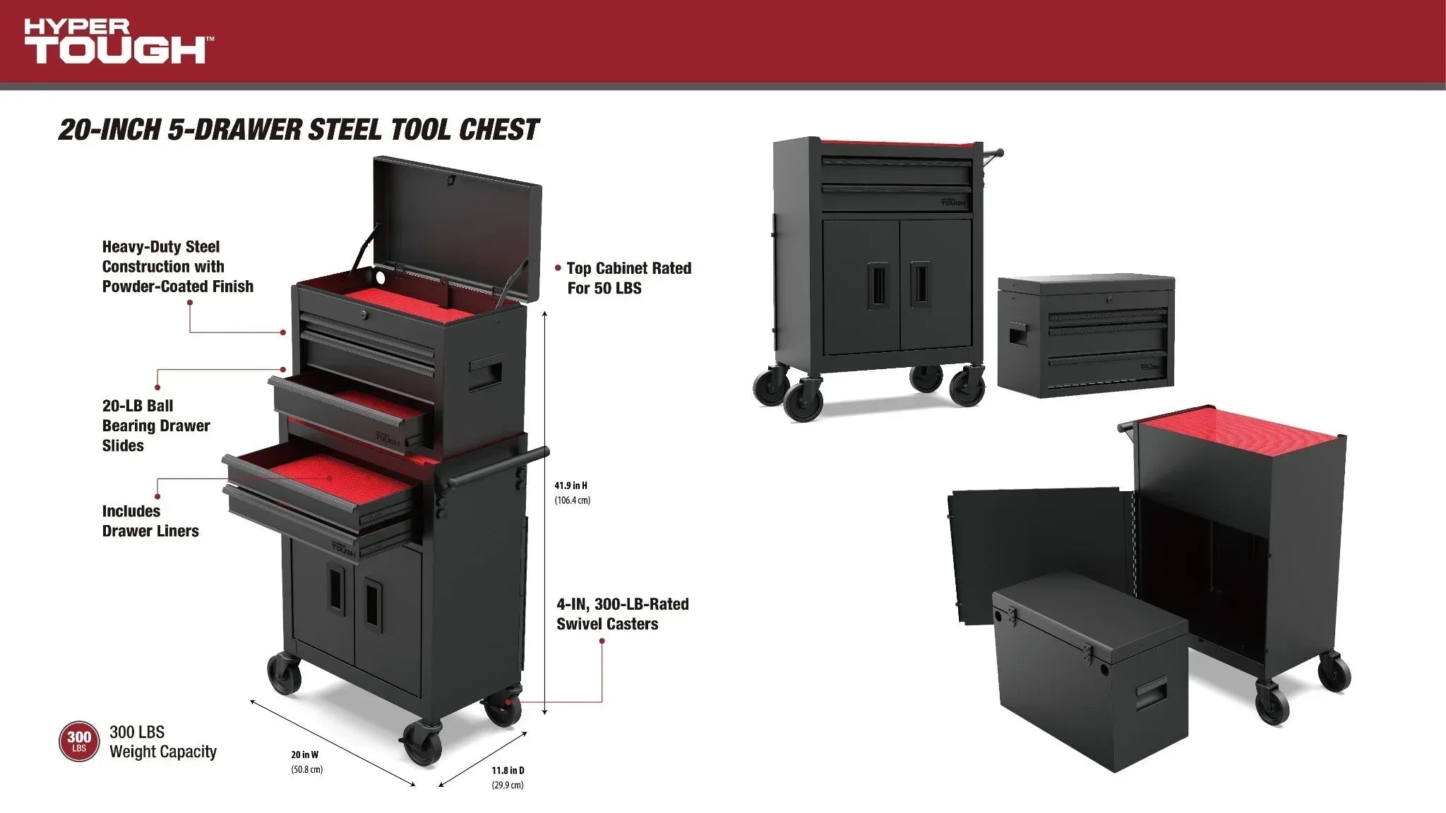 Hyper Tough 20-Inch 5-Drawer Steel Tool Chest with Ball-Bearing Slides, 300 lb Capacity, Black