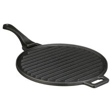 Cast iron ridged griddle with loop handle, dark pre-seasoned finish