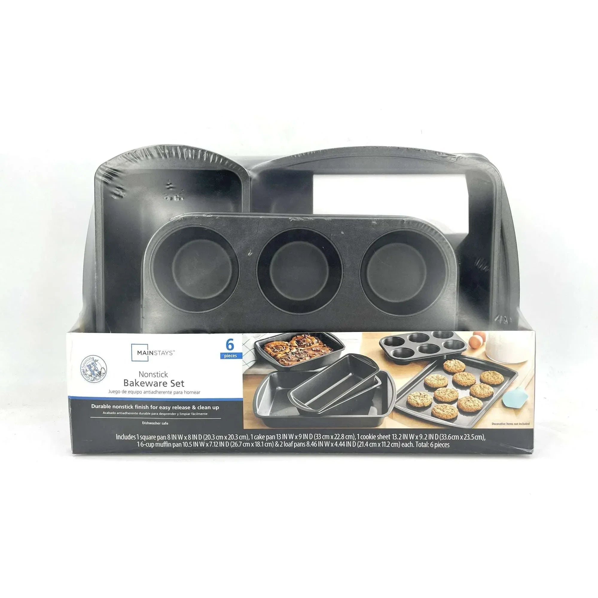 Mainstays 6 Piece Non-Stick Carbon Steel Bakeware Set with Cake, Muffin, Cookie and Loaf Pans, Gray