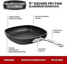 Square nonstick fry pan with speckled black interior and cool-touch metal handle.