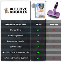We Love Doodles dog slicker brush shown in a product features comparison chart.
