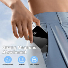 Magnetic wireless power bank securely attached to a denim pocket with no wires