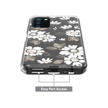 Phone case with black background and white floral print, visible bottom port openings