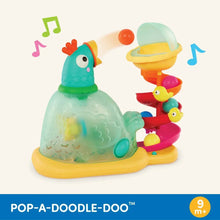 Pop-a-Doodle-Doo musical chicken ball popper with stacked colorful tiers