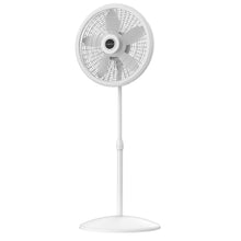 White pedestal fan close-up with circular wire grille and central hub