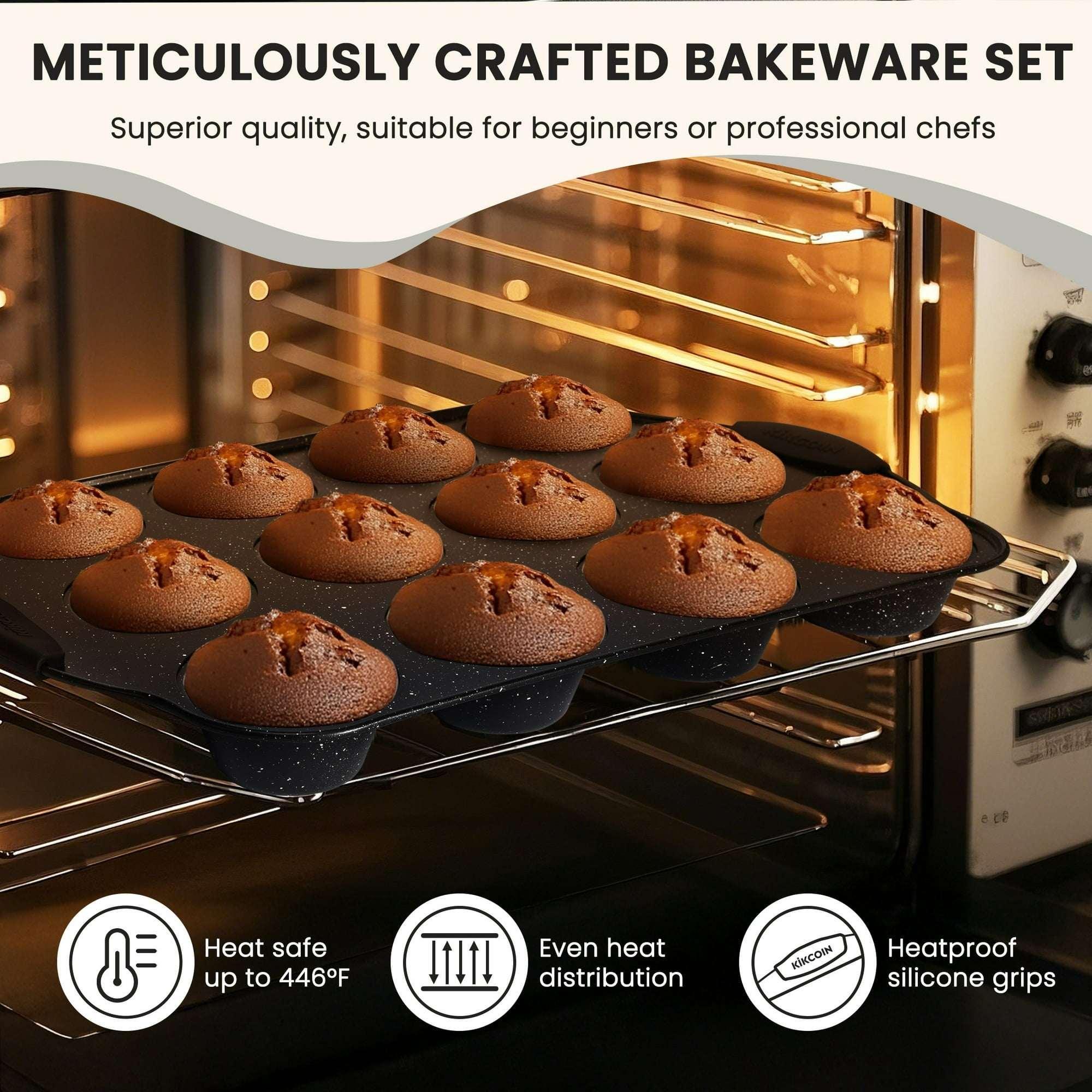 Kikcoin Bakeware Set, 21-Piece Baking Pans Set Kitchen Carbon Steel Baking Sheet Pans with Silicone Handles, Cookie Sheets Nonstick(Beige)