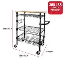 3-tier rolling utility cart with wood top, black frame, wire shelves and caster wheels
