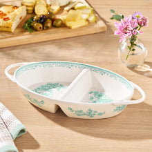 Green stoneware divided serving bowl with floral print and two compartments