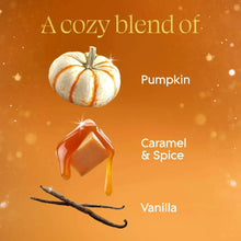 Pumpkin & Ginger scent blend graphic with pumpkin, caramel, and vanilla icons