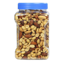 Mixed nuts jar with blue cap, clear container showing assorted nuts and peanuts