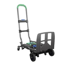 Folding cart hand truck with green handle, black wheels, and upright platform guard