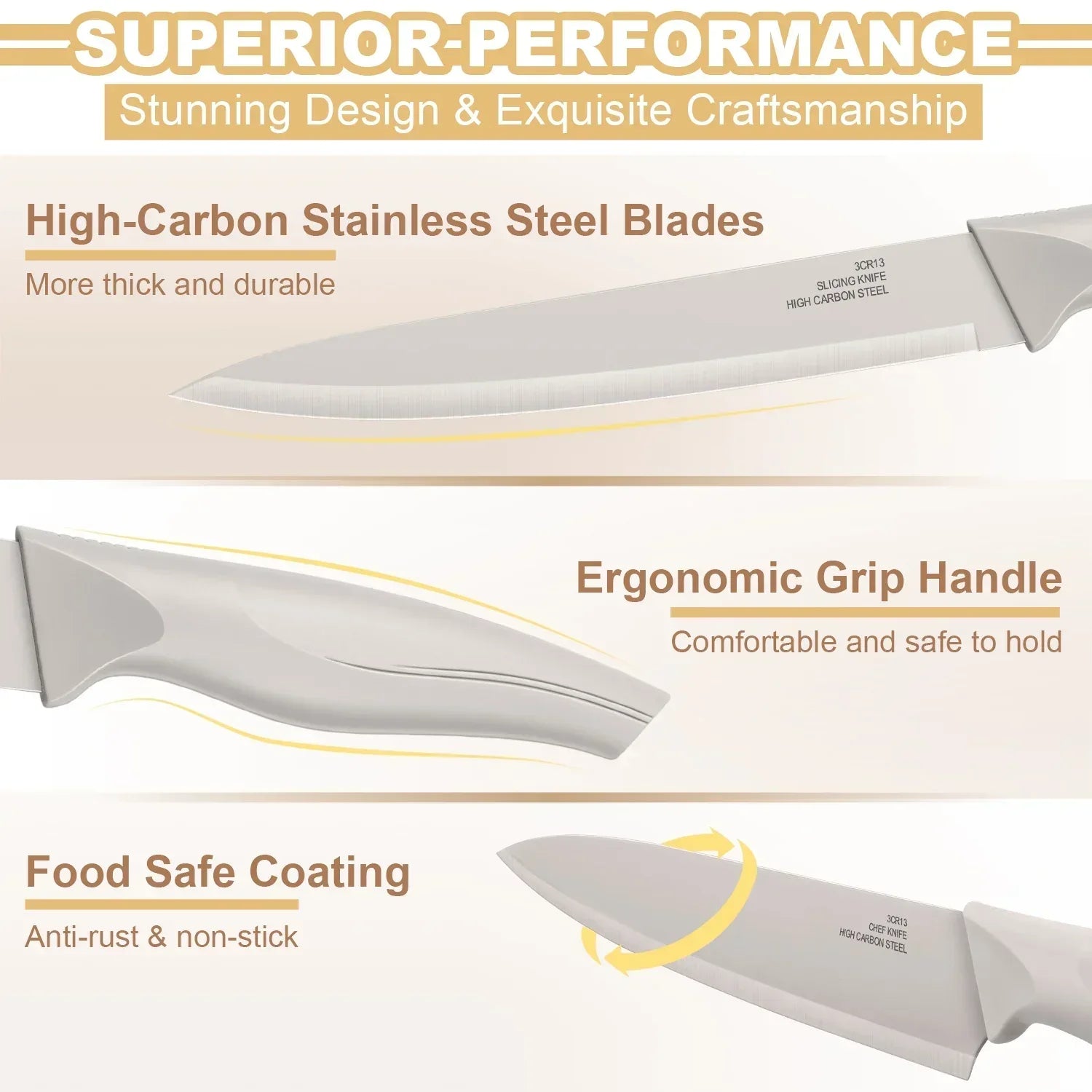 Vesteel Knife Set for Kitchen with Block, 15 Pcs High Carbon Stainless Steel Kitchen Knife Set with Self Sharpening - USA MEGA SHOP