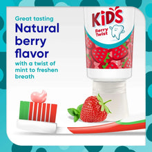 Kids Berry Twist toothpaste tube with strawberry and mint graphic panel