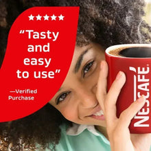 Woman holding a Nescafe mug filled with dark coffee, with red rating badge