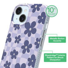 Purple checkered floral phone case with raised edges and dual camera cutouts