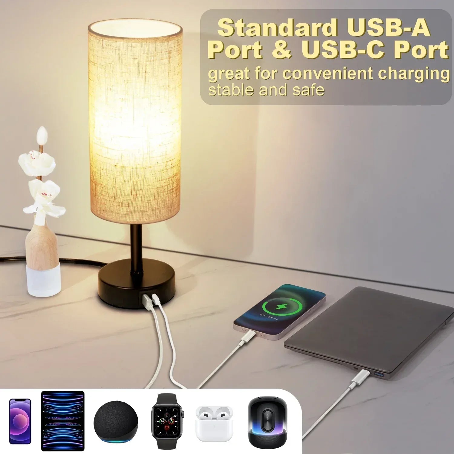 Walchoice Table Lamp Set of 2, Touch Control Desk Reading Lamp with USB A+C Charging Ports, 3-Way Dimmable Nightstand Lamps for Bedroom/ Living Room, Round Flaxen Shade - USA MEGA SHOP