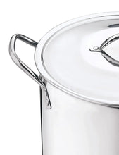 Stainless steel stock pot with domed metal lid and curved side loop handles