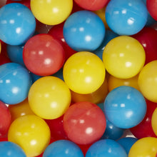 Colorful plastic ball pit balls in blue, red, yellow, and green