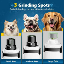 Pet nail grinder with white body and black base stand, included grinding head