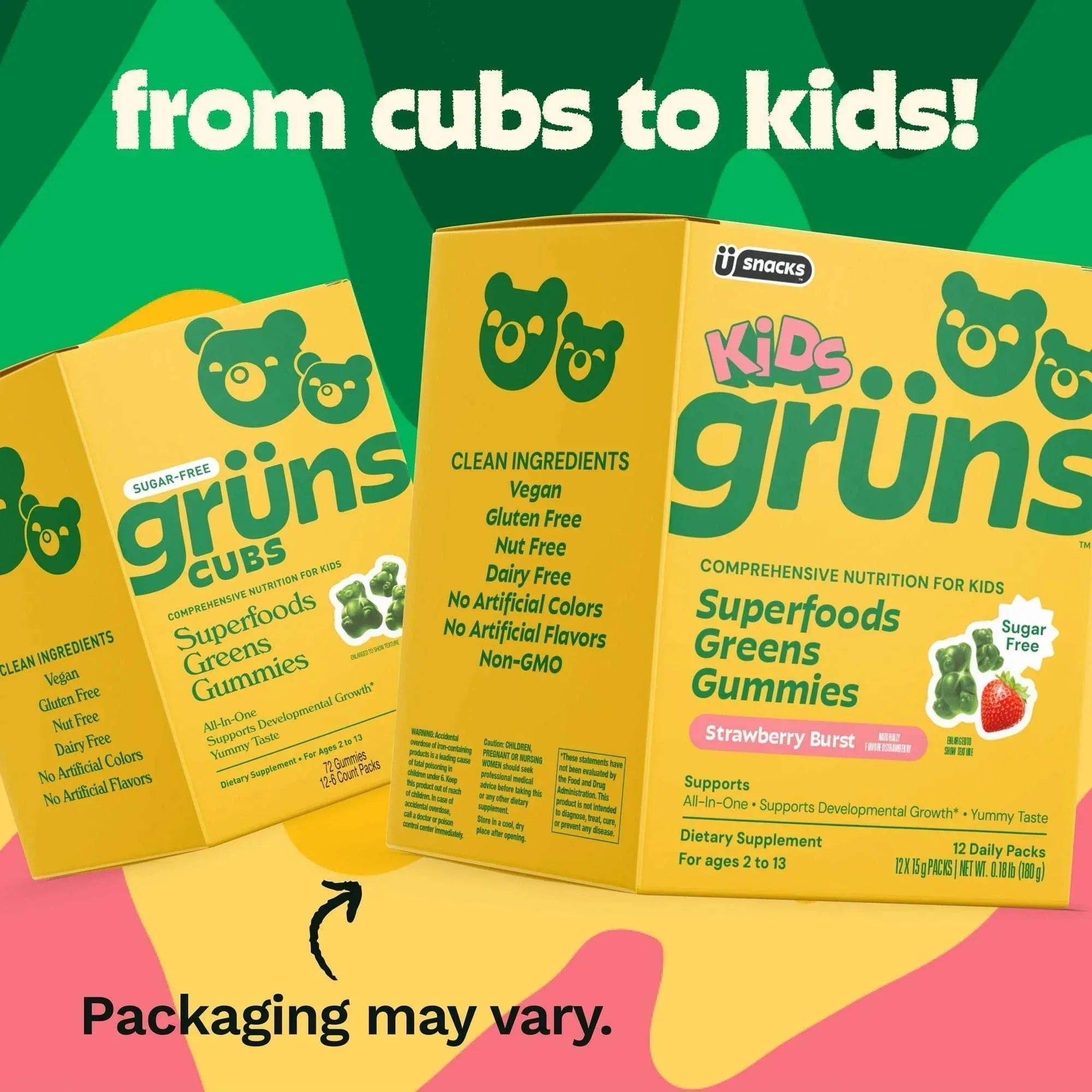 Gruns Kids Sugar-Free Super Greens Gummies, 21+ Vitamins & Minerals, 60 Organic Ingredients, Ages 2+, 12 Servings