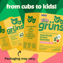 Kids gummy supplement boxes in yellow and green with bear icons on front panels