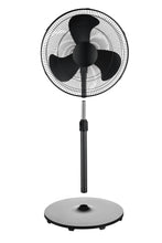 Black pedestal fan with tall pole and circular base, with protective grille.