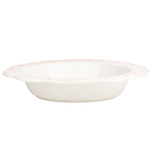 Ballet pink pie dish with shallow bowl shape and bow-trim rim