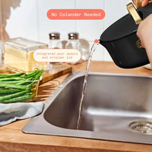 Ceramic nonstick sauce pan with integrated pour spouts and strainer lid, dark finish