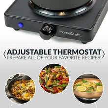 Single-burner hot plate with round heating coil, black base, adjustable thermostat knob
